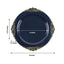 10-Pack Plastic 8" Round Dessert Plates in Navy Blue with Gold Leaf Embossed Rim - Disposable Vintage Baroque Style Salad Plates
