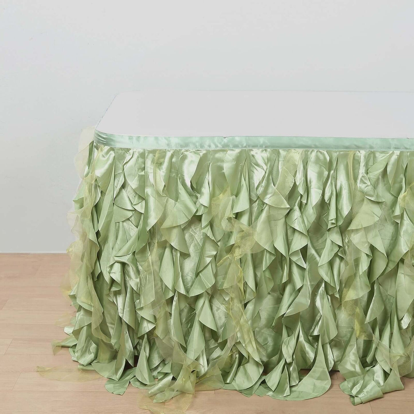Taffeta 14ft Table Skirt Sage Green - Cascading Curly Willow Style Table Cover