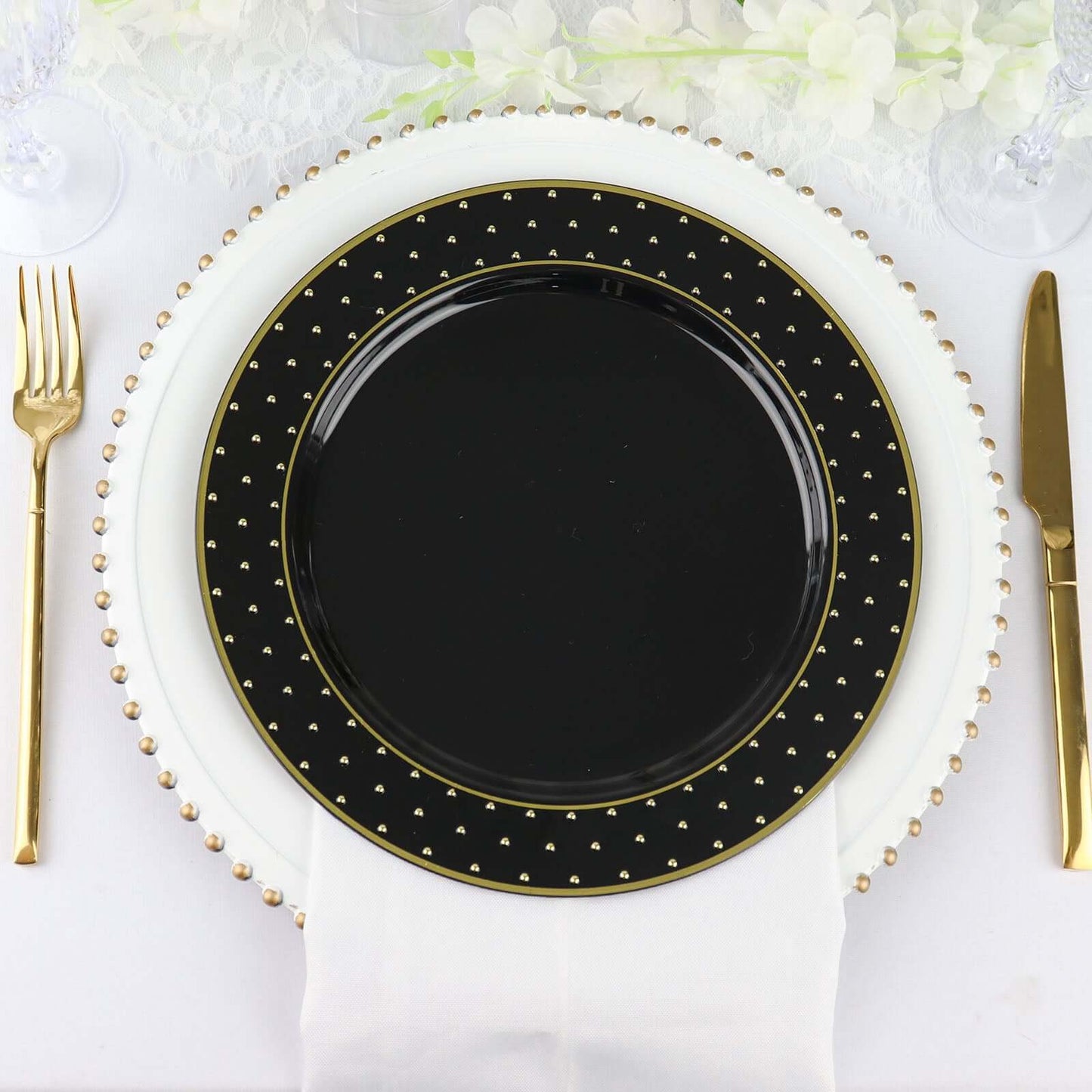 10-Pack Plastic 10" Round Dinner Plates in Black with Gold 3D Polka Dotted Rim - Sturdy Disposable Party Plates for Modern Themed Events & Banquets