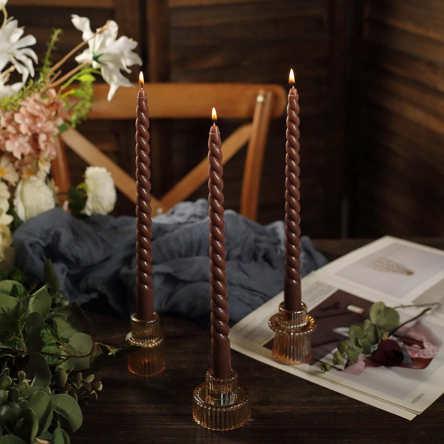 12-Pack Taper Candles Spiral Long Burn Wick Design Mocha Brown - Premium Unscented Wax Dinner Candle Sticks 11"