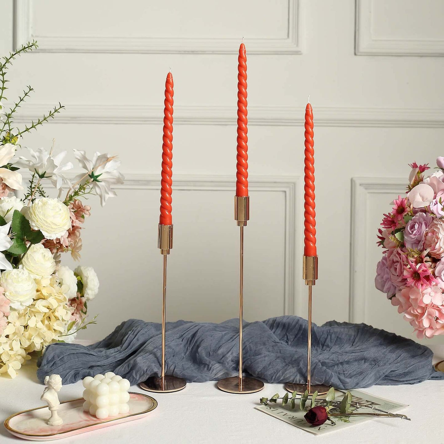 12-Pack Taper Candles Spiral Long Burn Wick Design Terracotta (Rust) - Premium Unscented Wax Dinner Candle Sticks 11"