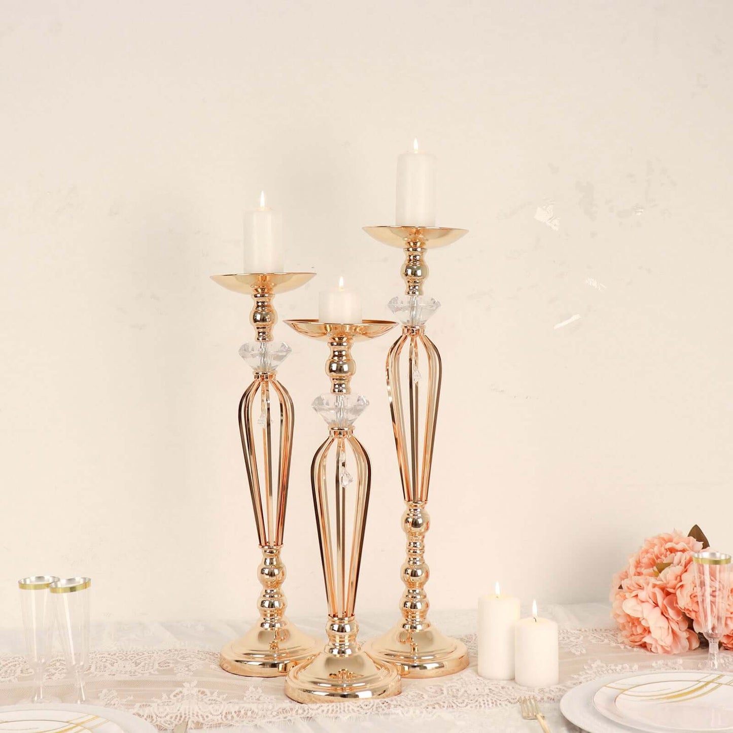 Set of 3 Metal Pedestal Stands with Crystal Ball Flower Bowl Design Gold - Pillar Candle Holders 20", 23", 25"
