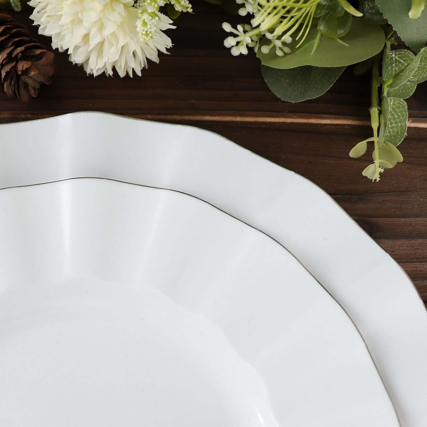 10-Pack Plastic 11" Round Dinner Plates in White Ruffled Rim with Gold Edging - Sturdy Disposable Dinnerware for Classy Events & Banquets