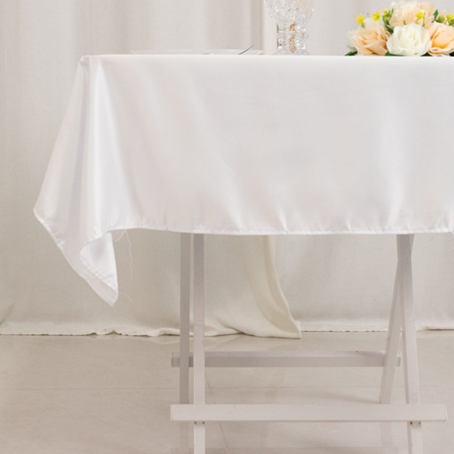 Lamour Satin 54"x54" Square Tablecloth White - Durable & Silk-Like Table Cover for Weddings & Parties