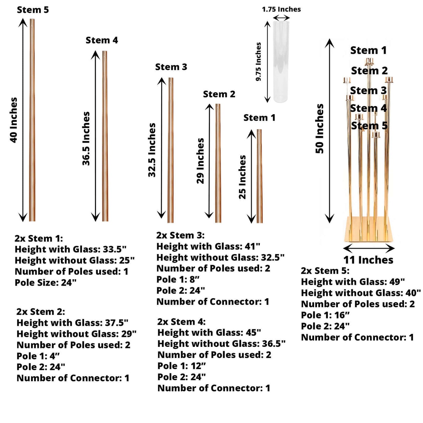 10-Arm Cluster Taper Candle Holder Gold with Clear Glass Shades - Stylish Large Candle Arrangement for Gatherings 50"