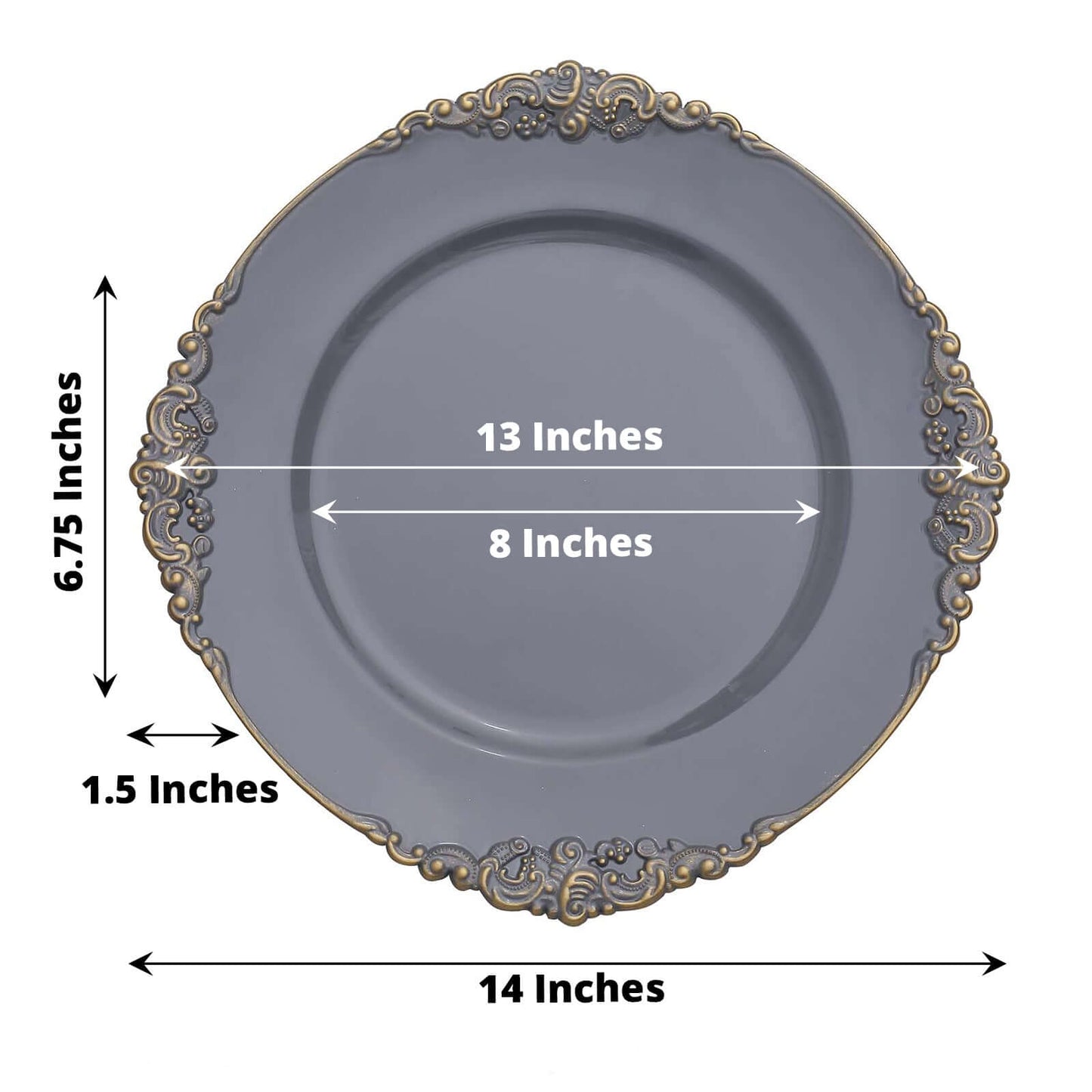 6-Pack Acrylic Round Charger Plates 13" in Charcoal Gray with Gold Embossed Baroque Rim, Antique Decorative Dinner Party Charger Tableware