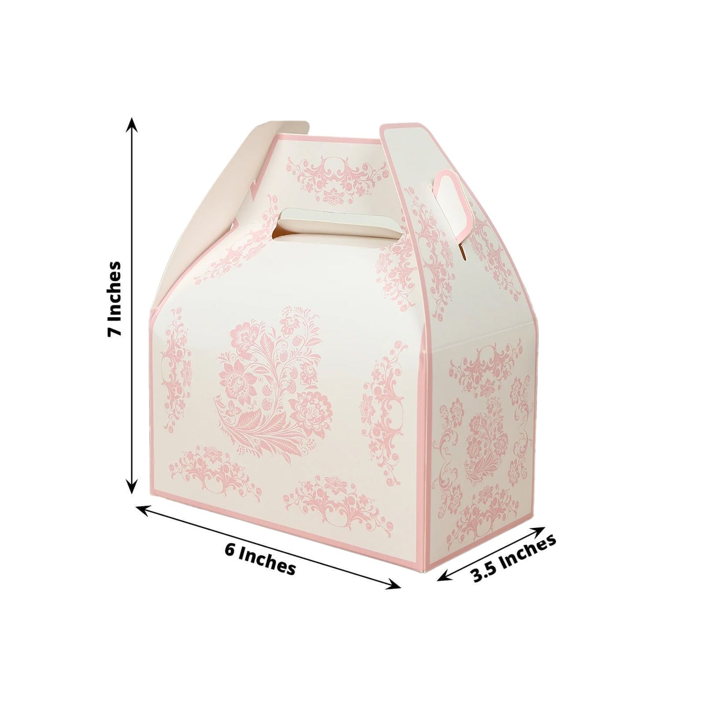25 Pack White Pink Candy Gift Tote Gable Boxes in Damask Floral Pattern, Party Favor Treat Boxes - 6"x3.5"x7"