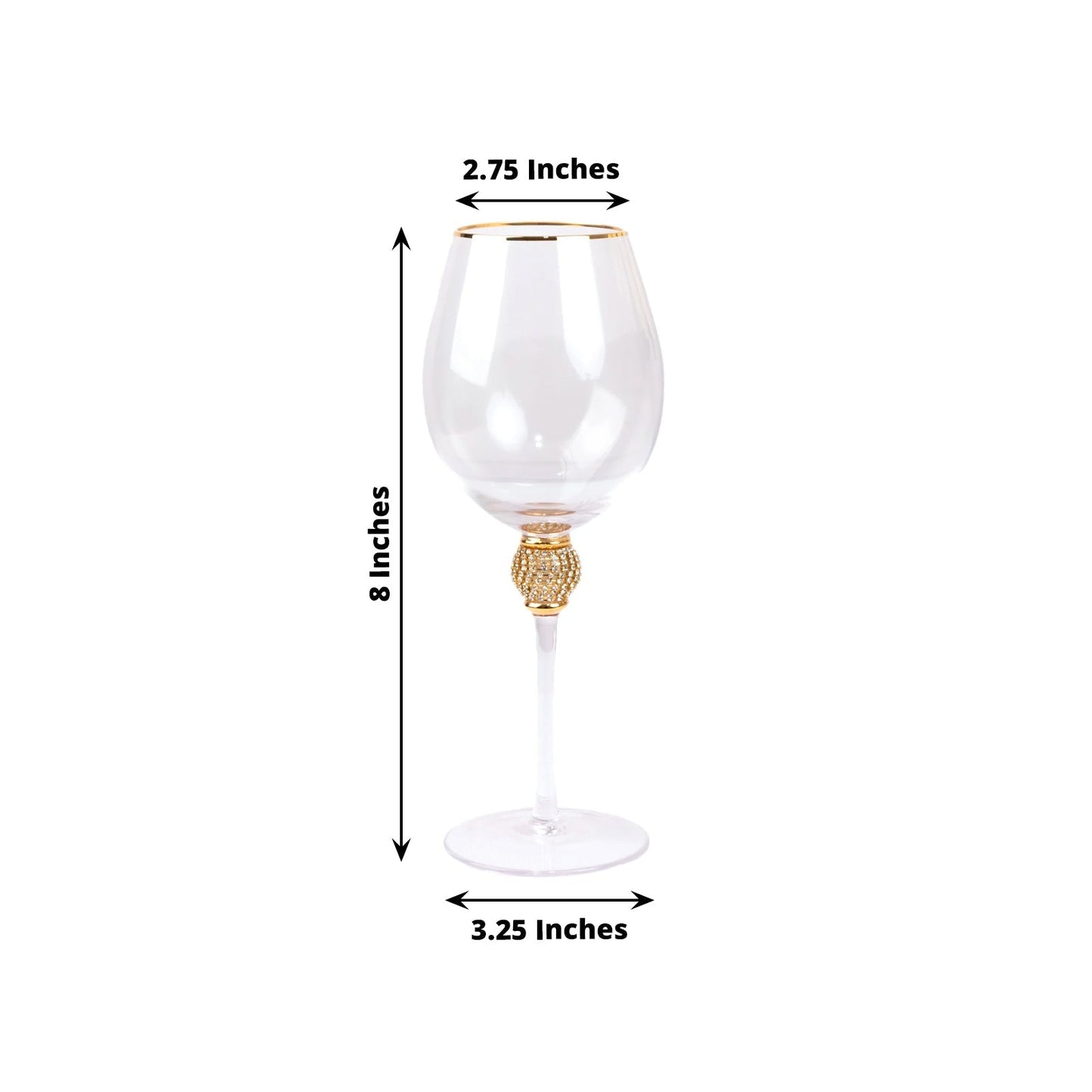 Set of 6 Wine Goblet Glasses Clear Gold Rimmed Design with Rhinestone Studded Stem - Handblown Vintage Crystal Glasses for Cocktails 16oz 10"