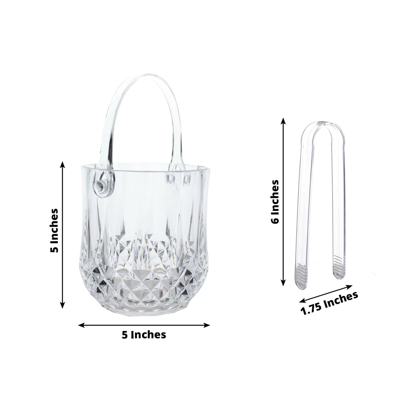 3-Pack Clear Plastic Small Ice Buckets with Handle & Tongs in Crystal-Cut Design 5"x5"