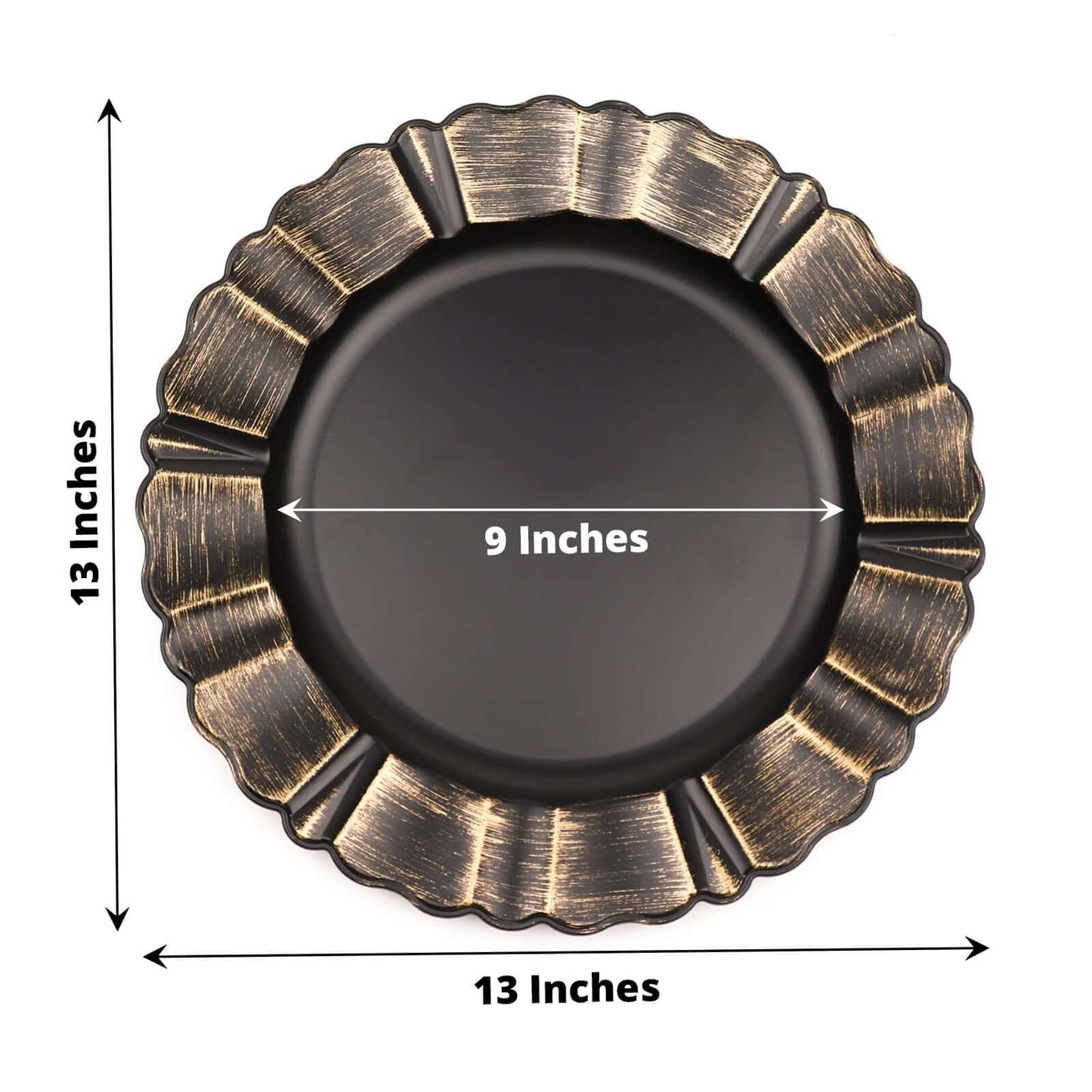 6-Pack Acrylic Plastic Round Charger Plates 13" in Matte Black with Gold Brushed Wavy Scalloped Rim, Decorative Dinner Party Charger Tableware