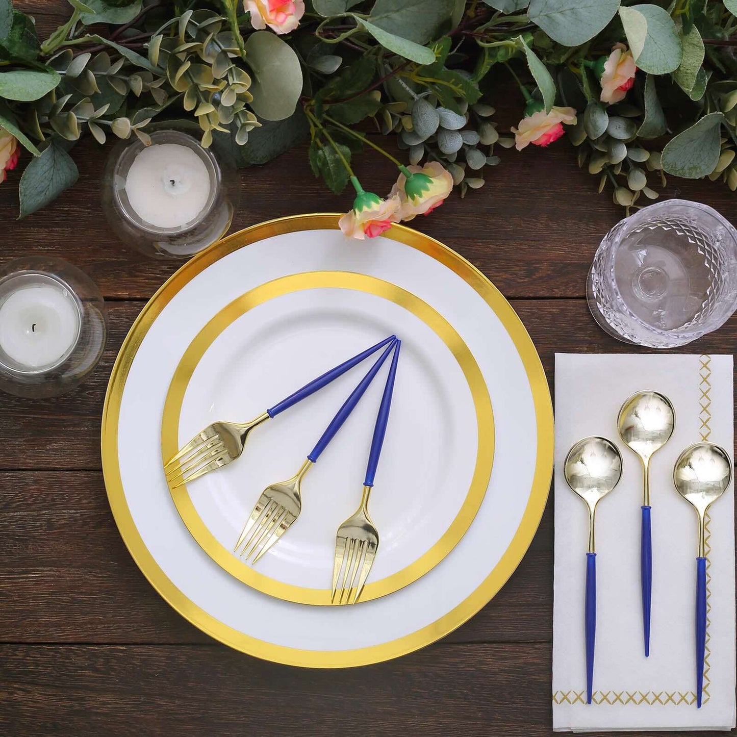 24-Pack Plastic Fork and Spoon Set Gold/Royal Blue 6"