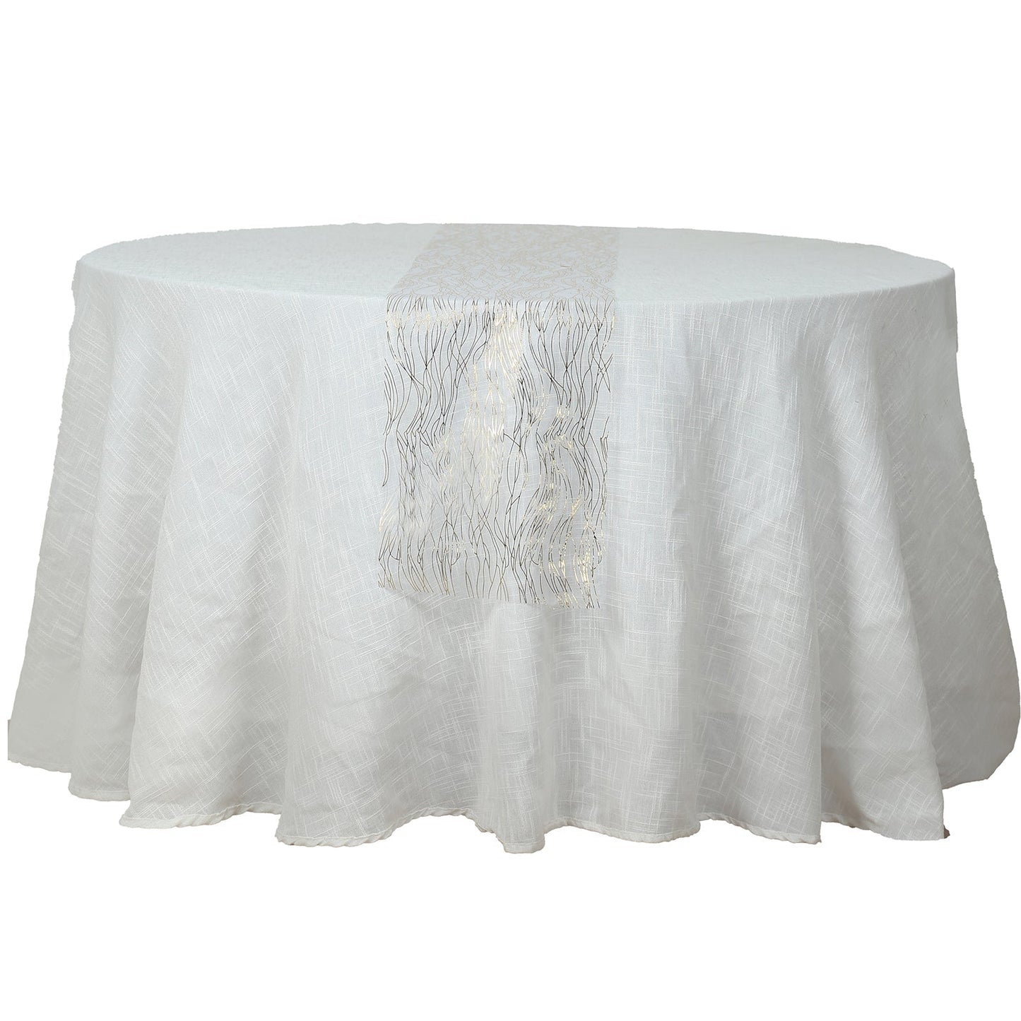 5 Pack Organza 12"x108" Table Runners White with Gold Foil Wave Design - Disposable Stylish Event Decoration