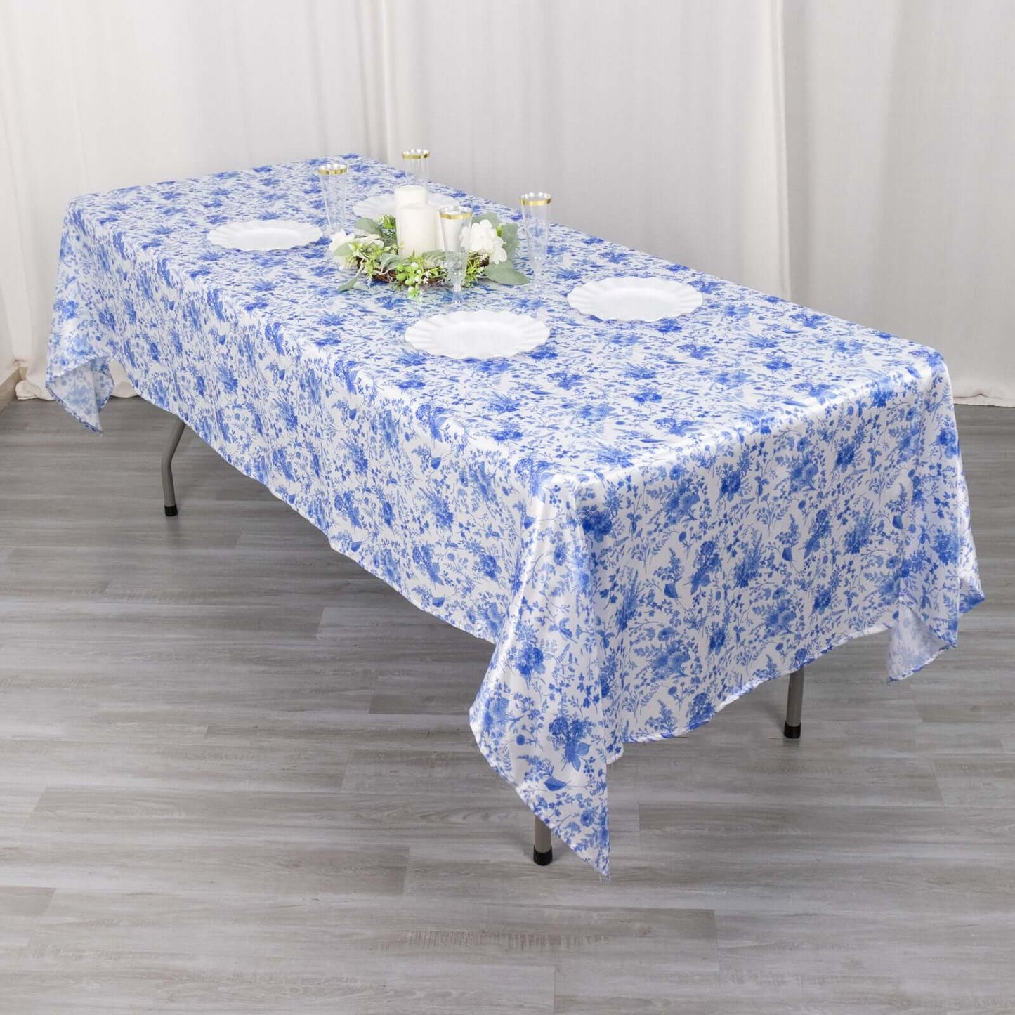 Satin Rectangular 60"x102" Tablecloth White/Blue French Toile Design - Stylish & Wrinkle-Resistant Table Cover