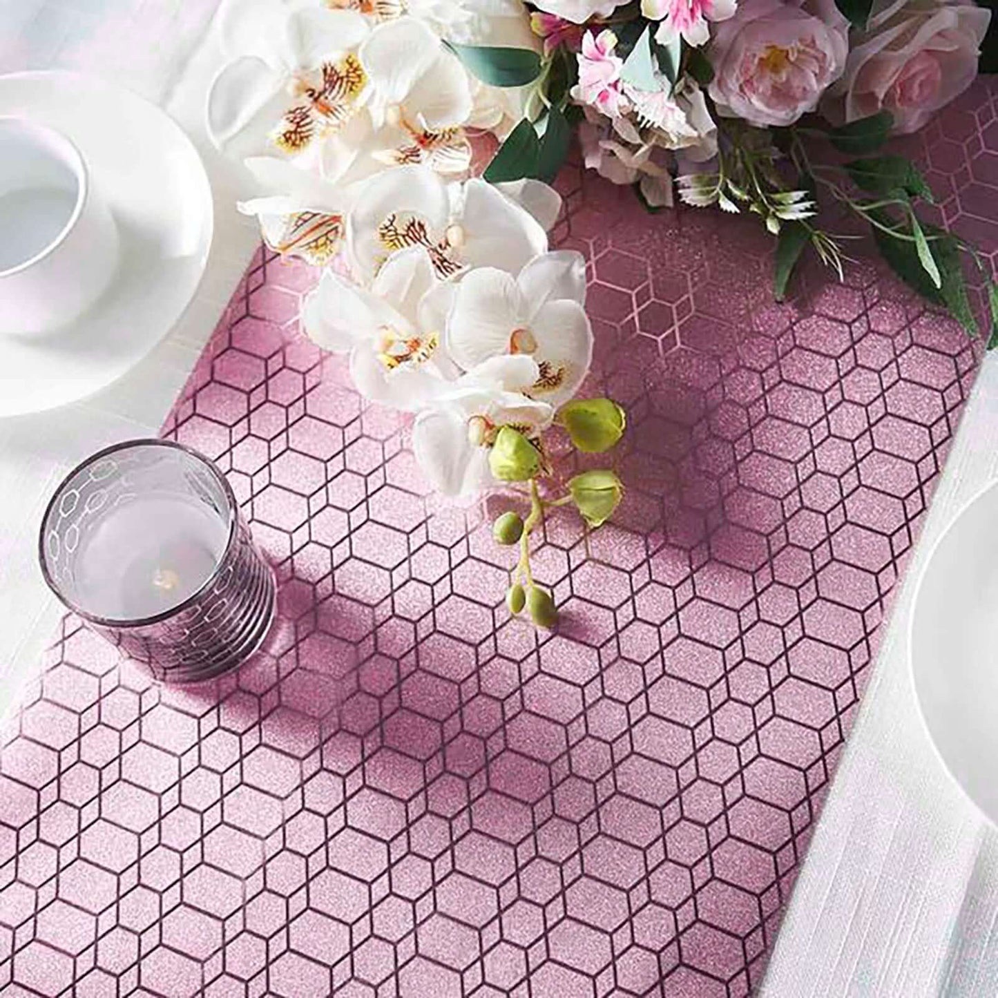 Glitter Paper 9ft Table Runner Roll Rose Gold Disposable Geometric Honeycomb Pattern - Stylish Table Decor