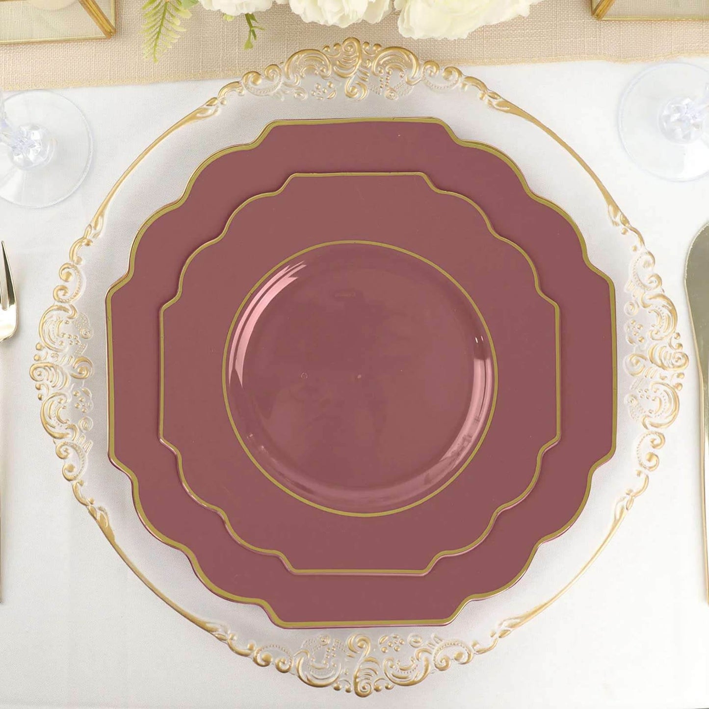 10-Pack Plastic Dessert Appetizer Plates in Cinnamon Rose Baroque Design with Scalloped Gold Rim - Heavy Duty Disposable Salad Plates 8"