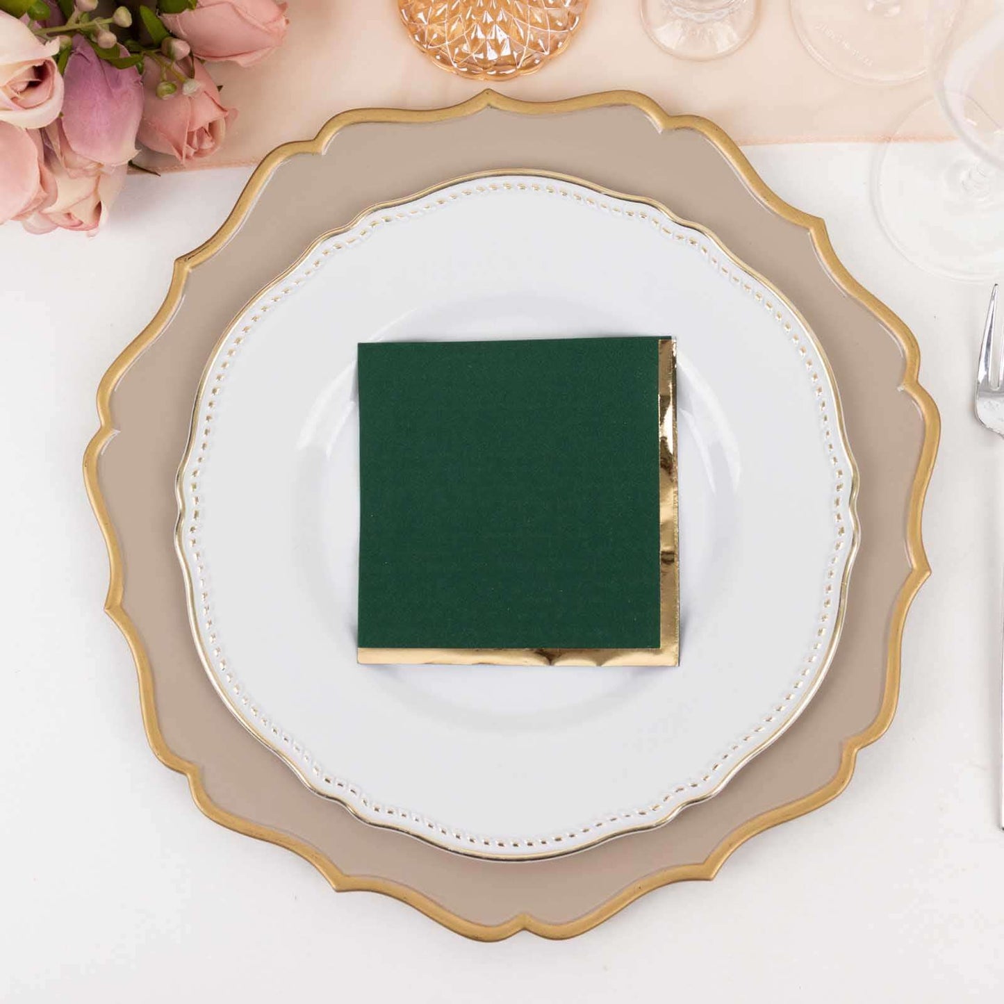 50-Pack Paper Beverage Napkins Hunter Emerald Green with Gold Foil Edge - 2 Ply Disposable Soft 18GSM Cocktail Napkins 5"x5"