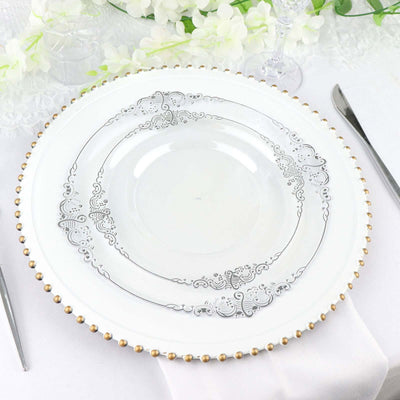 10-Pack Plastic 10" Round Dinner Plates in Clear with Silver Leaf Embossed Rim - Disposable Vintage Baroque Style Plates