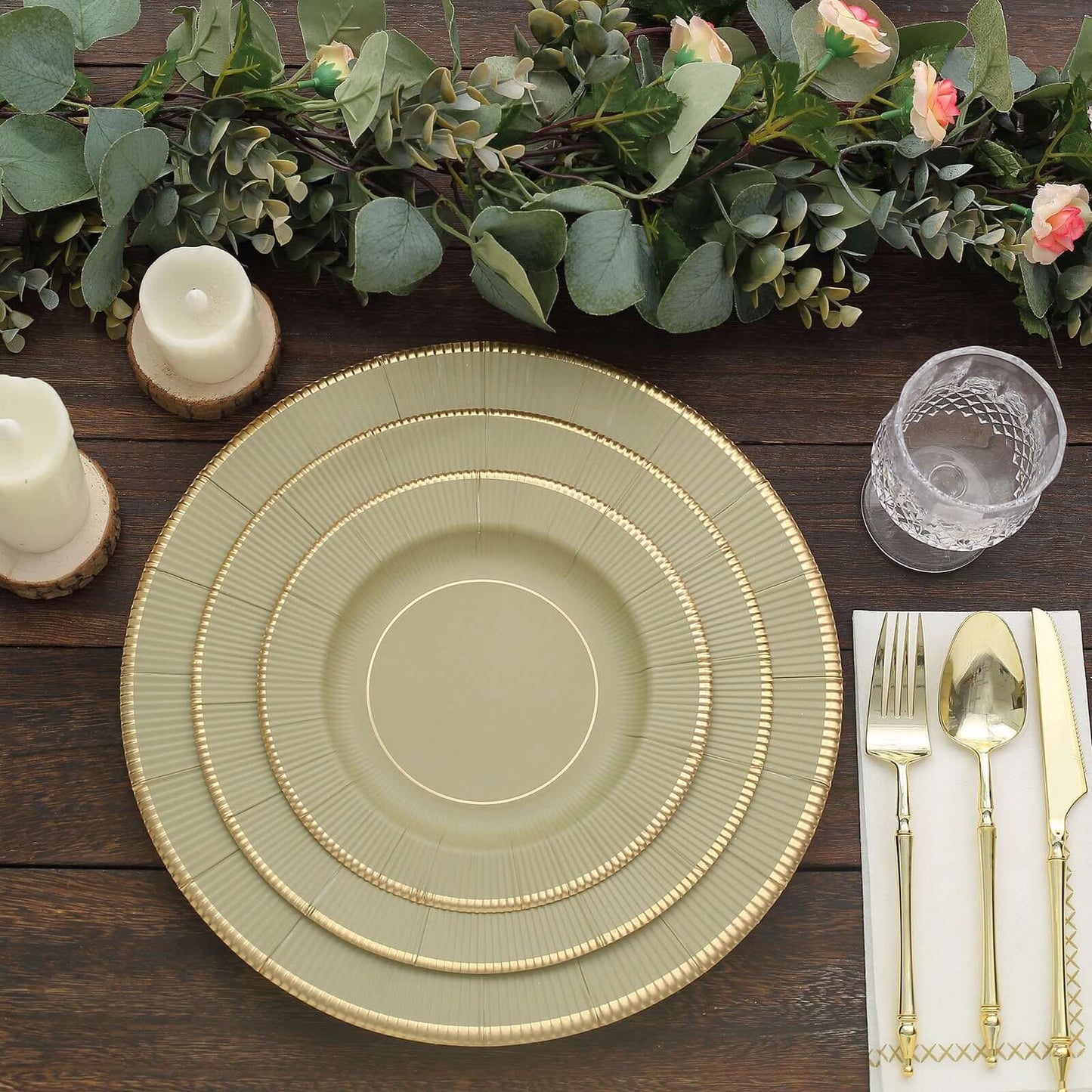 25-Pack Paper 10" Round Dinner Plates in Khaki Sunray Design with Gold Rim - Disposable Heavy Duty 350GSM Party Plates