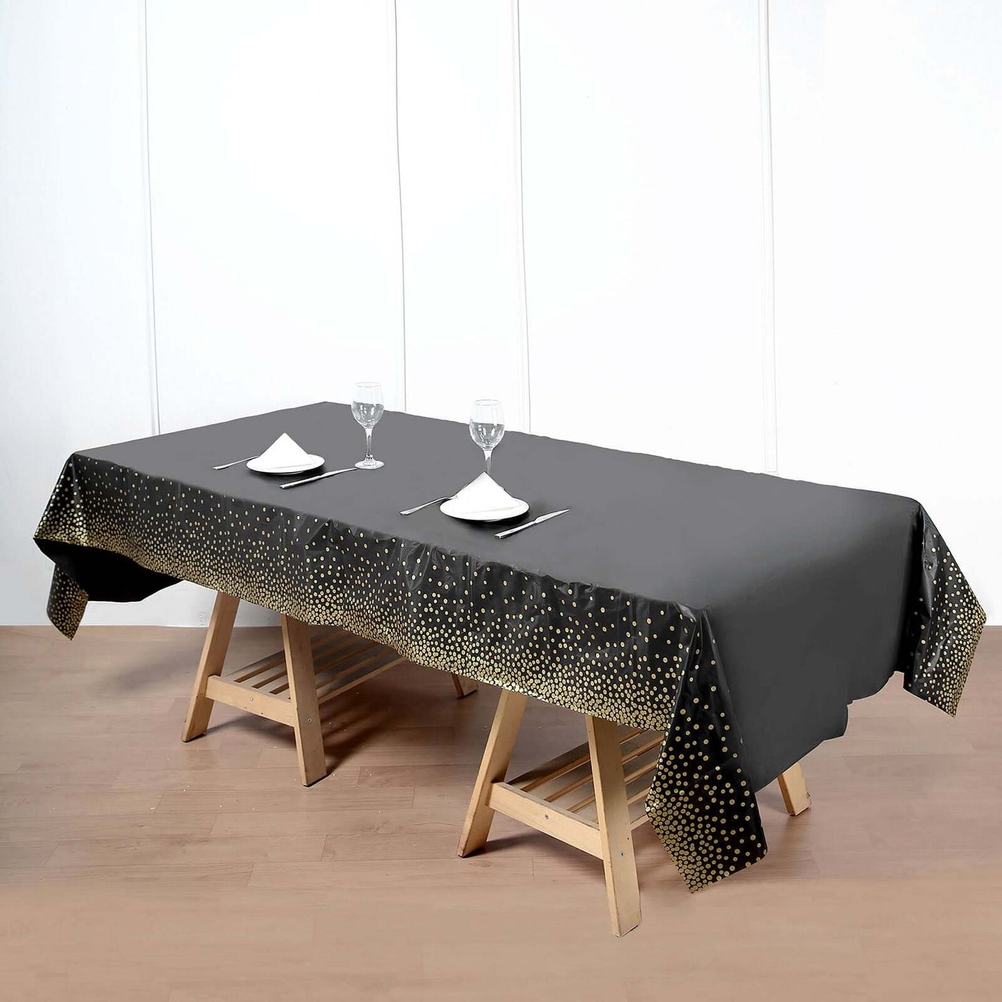 5-Pack Plastic Table Covers Black Rectangle with Gold Confetti Dots - Durable PVC Disposable Tablecloths for Events 54"x108"