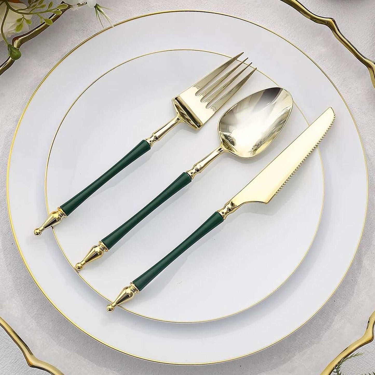 24-Pack Plastic Utensil Set with Roman Column Handle Gold/Hunter Emerald Green - Disposable Silverware