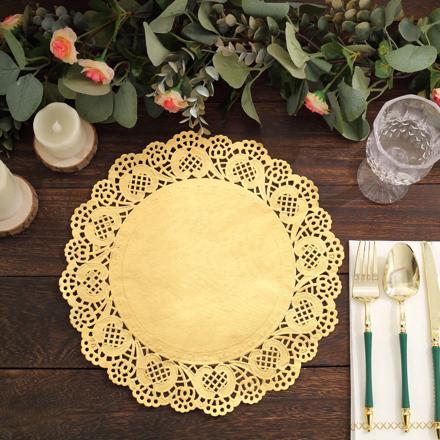 50 Pcs Paper 12" Round Placemats in Gold - Food Grade Lace Paper Doilies for Dessert Display & Table Decor