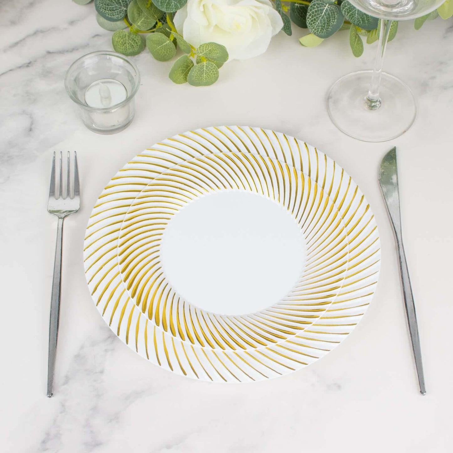 10-Pack Plastic 9" Round Dinner Plates White with Gold Swirl Rim - Disposable Party Plates