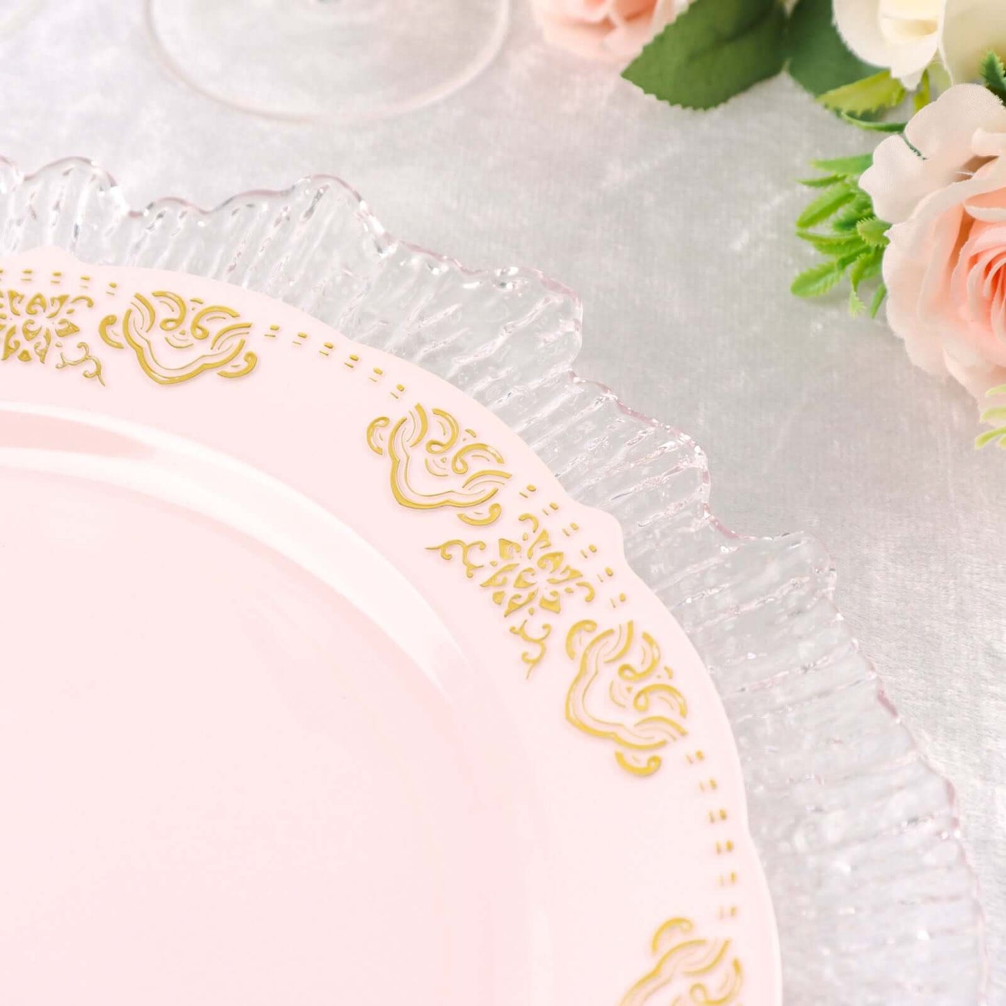 10-Pack Plastic 10" Round Dinner Plates in Blush with Gold Embossed Scalloped Edge - Chic Disposable Party Plates for Special Occasions & Banquets