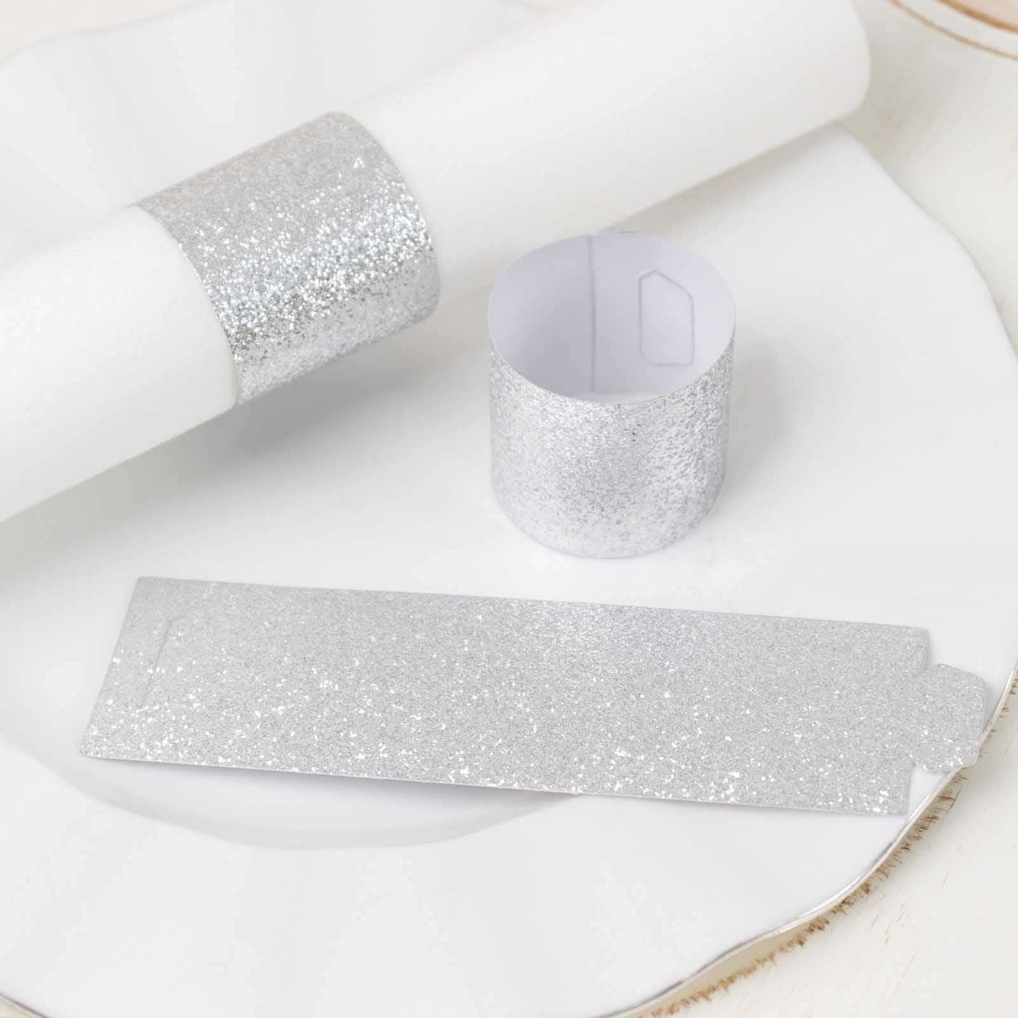 50-Pack Paper Napkin Rings Silver Glitter - Stylish Disposable Napkin Holders 1.5"
