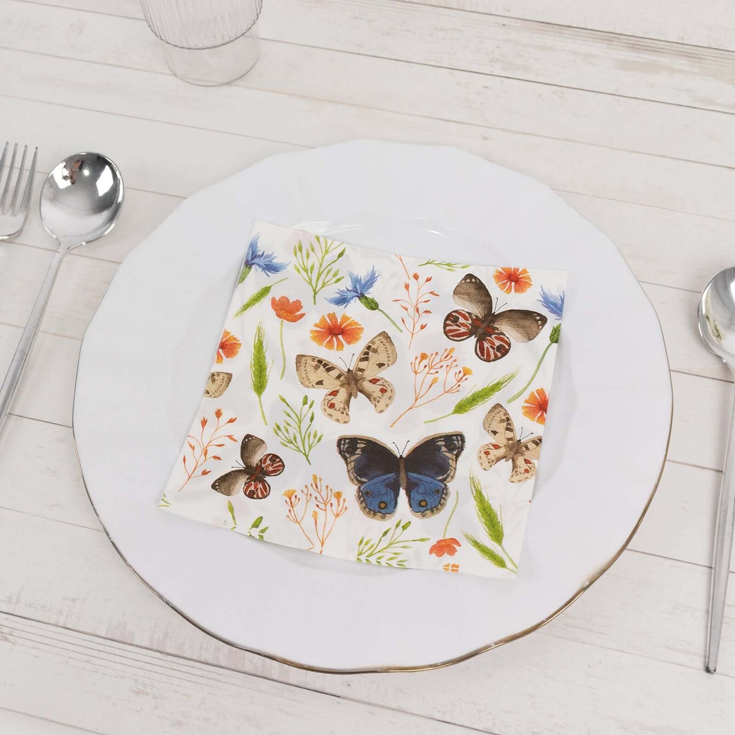 50-Pack Paper Beverage Napkins with Field Herbs and Butterfly Print Ivory - 2 Ply Disposable 18GSM Garden Party Napkins 6.5"x6.5"