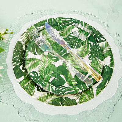 25-Pack Paper 9" Round Dinner Plates in White with Tropical Palm Leaf Design - Disposable 300GSM Party Plates for Luau & Summer Gatherings