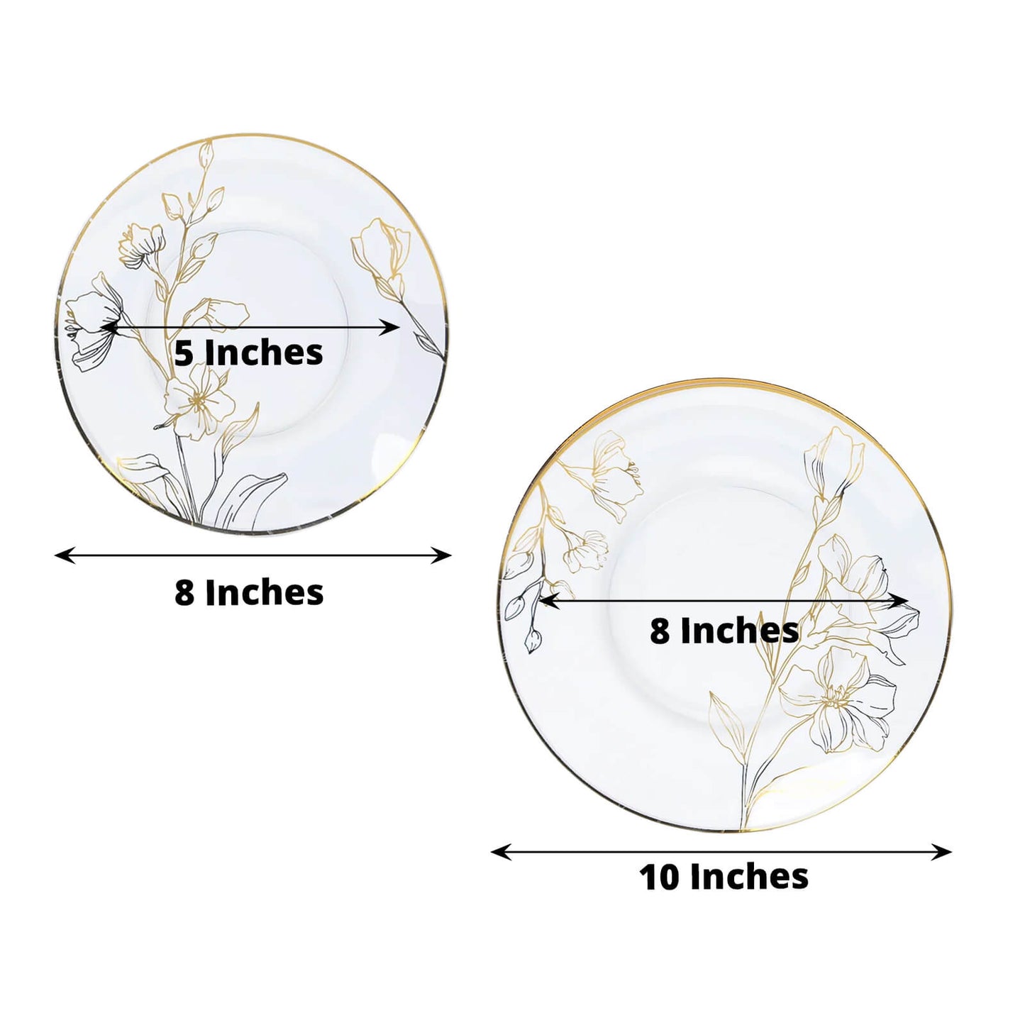 Set of 20 Plastic Round Dinner and Dessert Plates in Clear with Metallic Gold Floral Design - Stylish Disposable Dinnerware 8", 10"