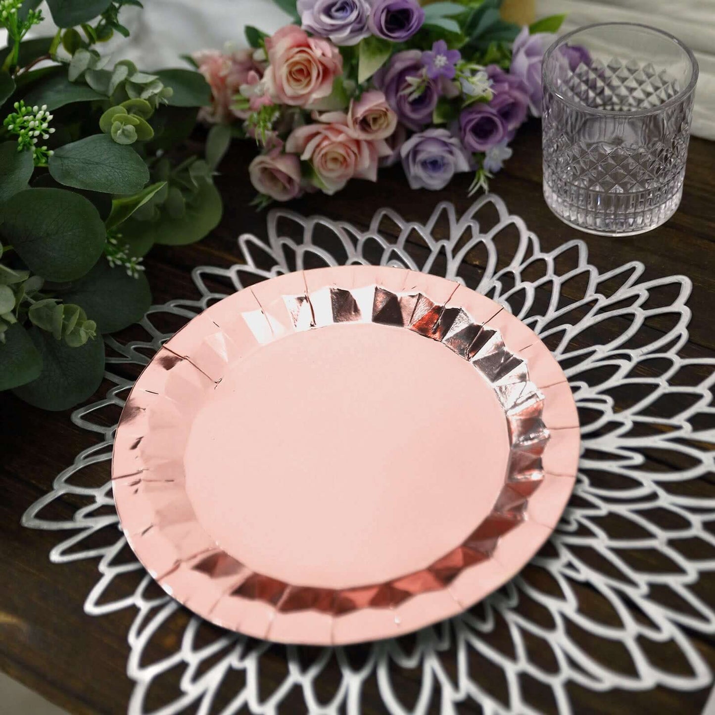 25-Pack Paper 9" Round Dinner Plates in Metallic Rose Gold with Geometric Prism Rim - Disposable 400GSM Party Plates