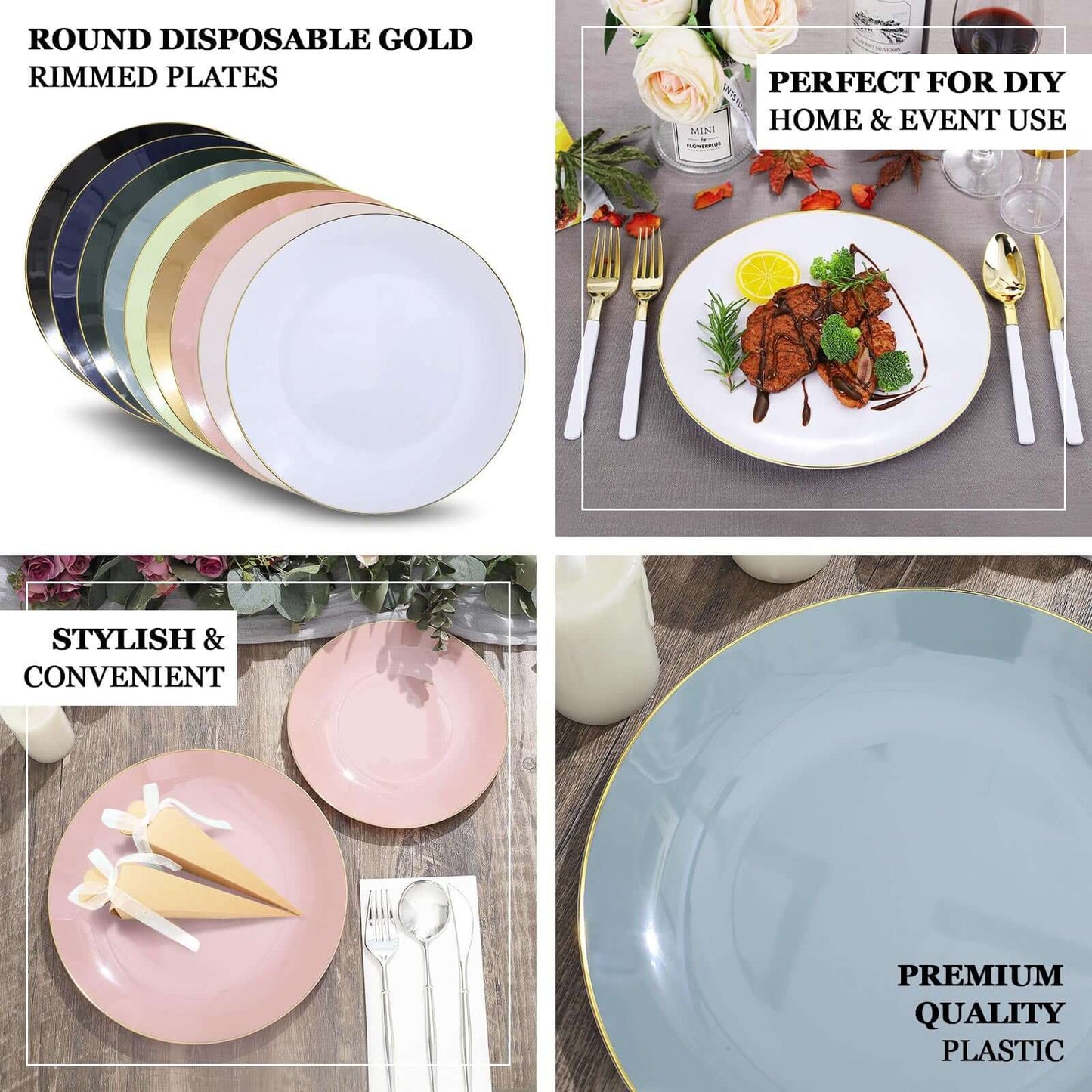 10-Pack Plastic 10" Round Dinner Plates in Dusty Rose with Gold Rim - Glossy Disposable Party Plates