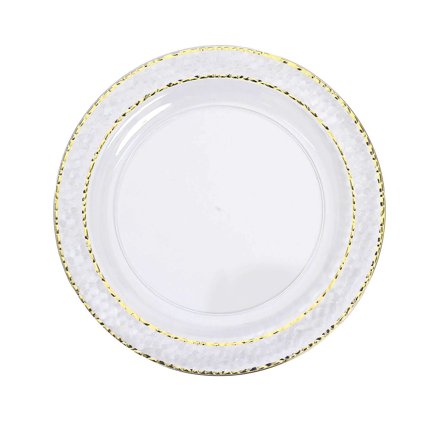10-Pack Plastic 10" Round Dinner Plates in Clear Hammered Design with Gold Rim - Disposable Party Plates for Chic Banquets & Special Occasions