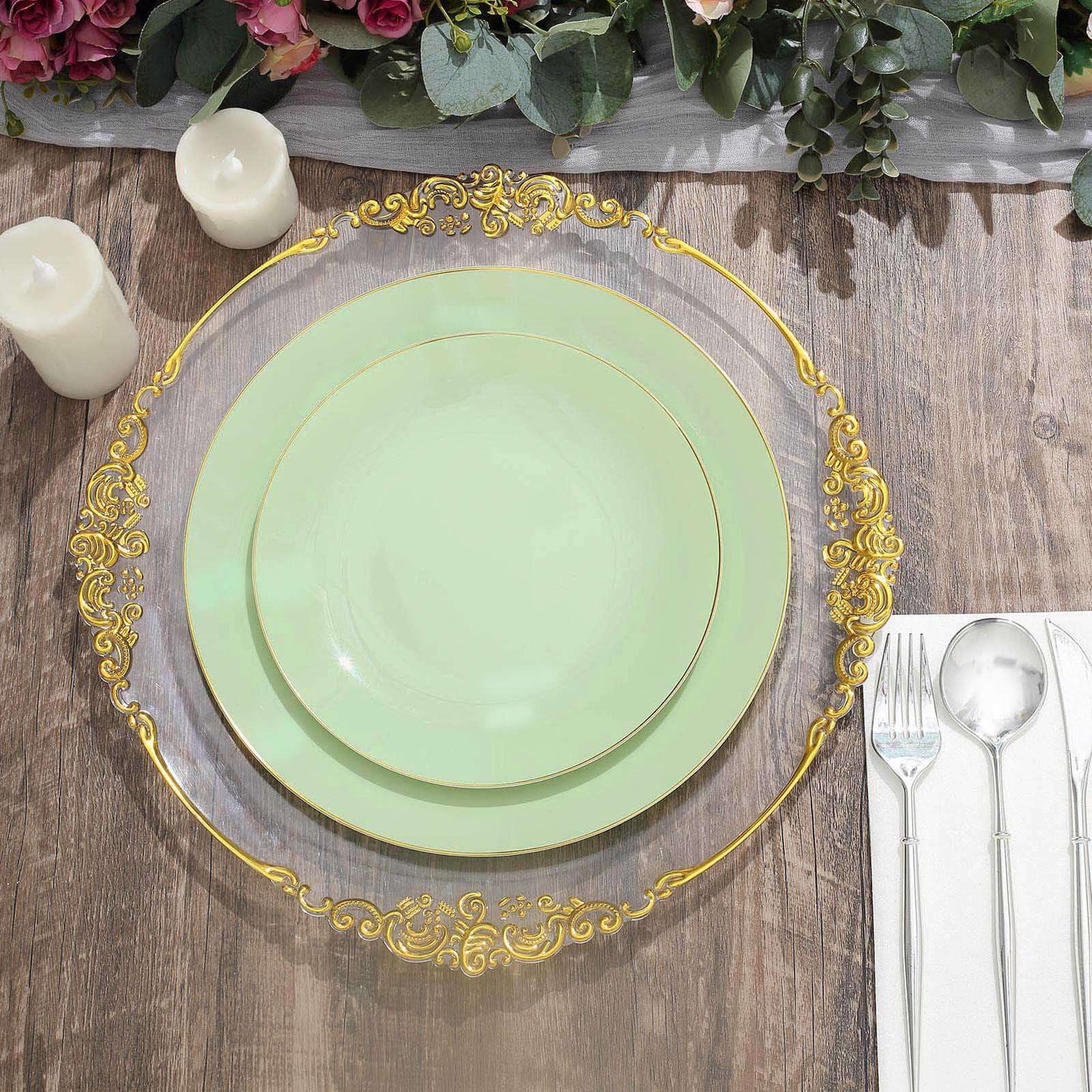 10-Pack Plastic 10" Round Dinner Plates in Sage Green with Gold Rim - Glossy Disposable Party Plates
