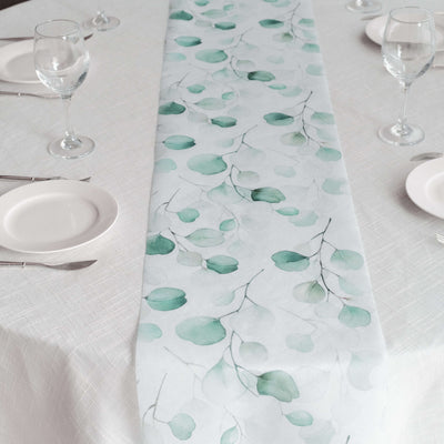 Disposable Table Runner 11"x108" White with Green Eucalyptus Leaves Print - Non-woven Stylish Spring Summer Dining Decor