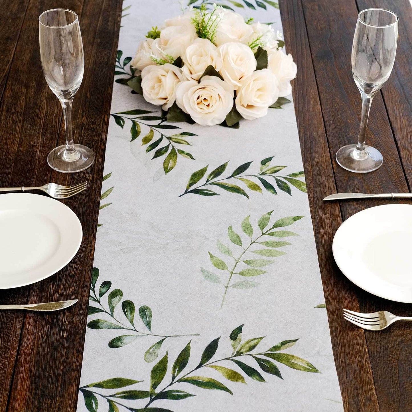 Disposable Table Runner 11"x108" White with Green Olive Leaves Print - Non-woven Stylish Spring Summer Dining Decor