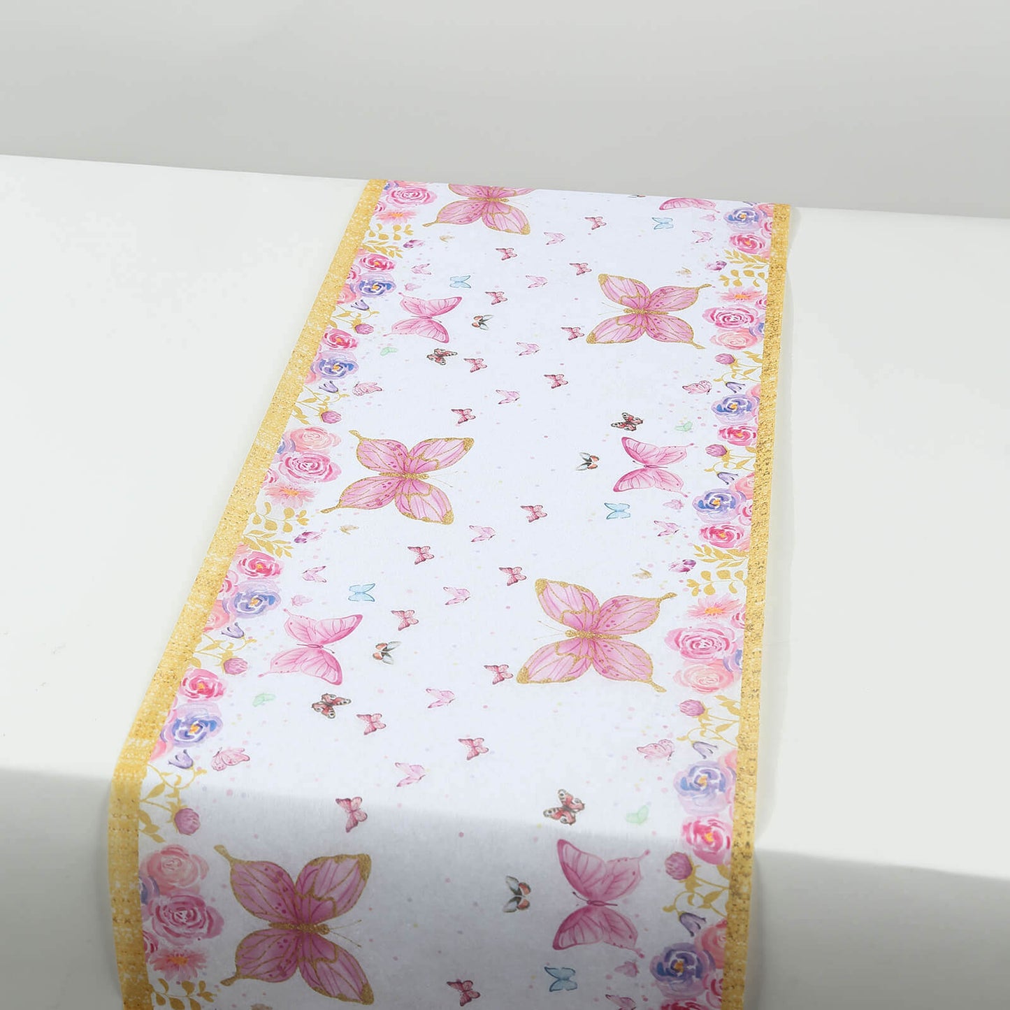 5 Pack Disposable Table Runners 11"x108" White with Pink Butterflies - Non-woven Stylish Spring Summer Dining Decor