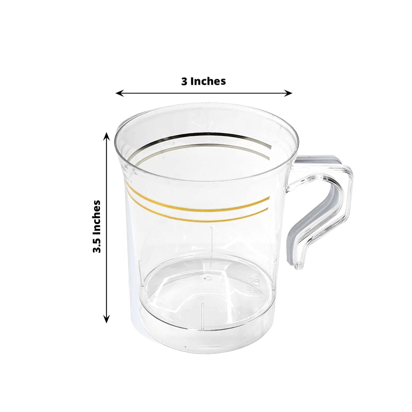 8-Pack Plastic Coffee Mugs Clear with Gold Stripes - Sturdy Disposable Cups for Coffee and Tea 8oz 3.5"