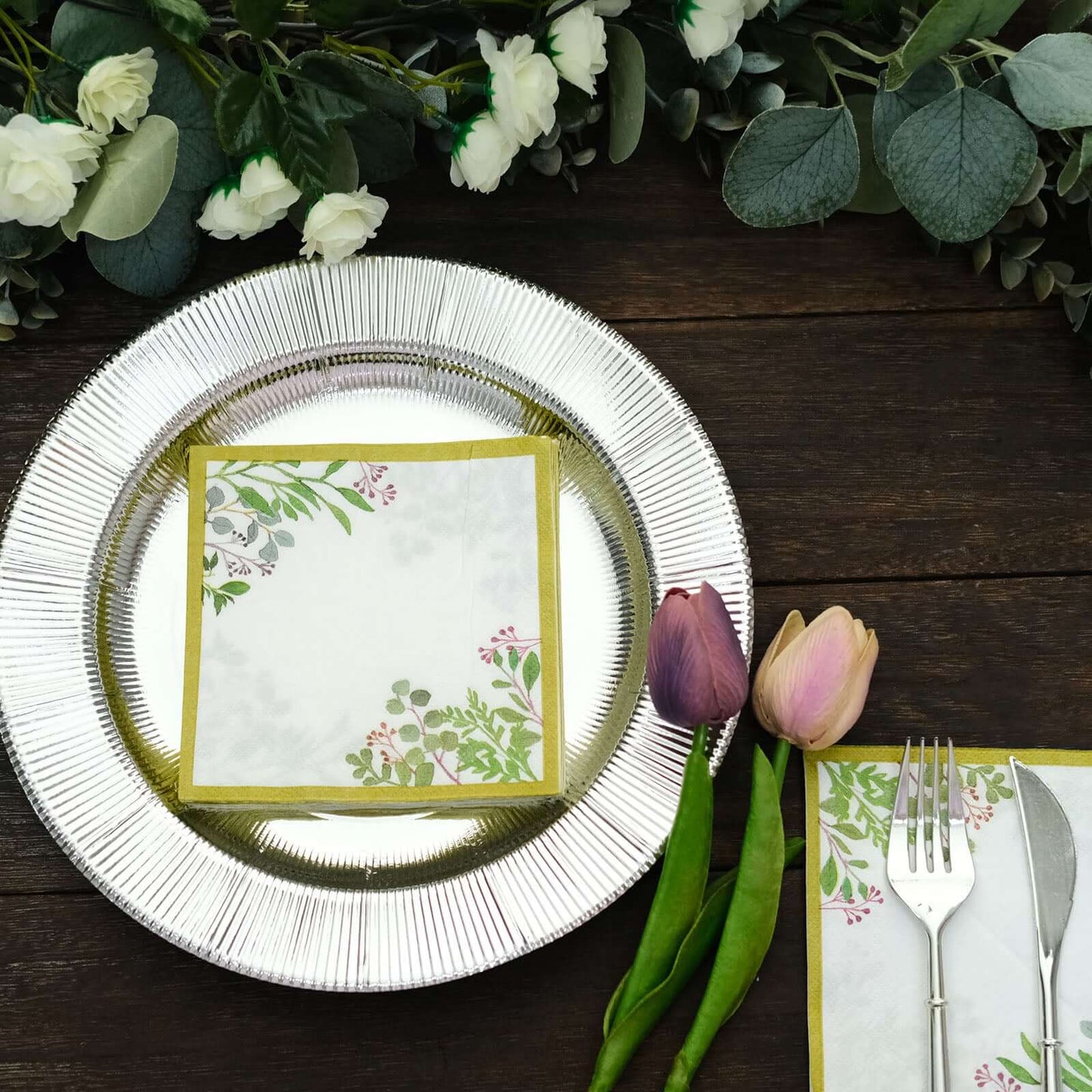 24-Pack Paper Dinner Napkins with Eucalyptus Design White Tropical Greenery 2 Ply - Soft 18GSM Wedding Cocktail Napkins 5"