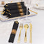 Set of 24 Gold Plastic Silverware with Pre-Rolled Black Paper Napkins - Disposable Wrapped Fork, Spoon, and Knife Set