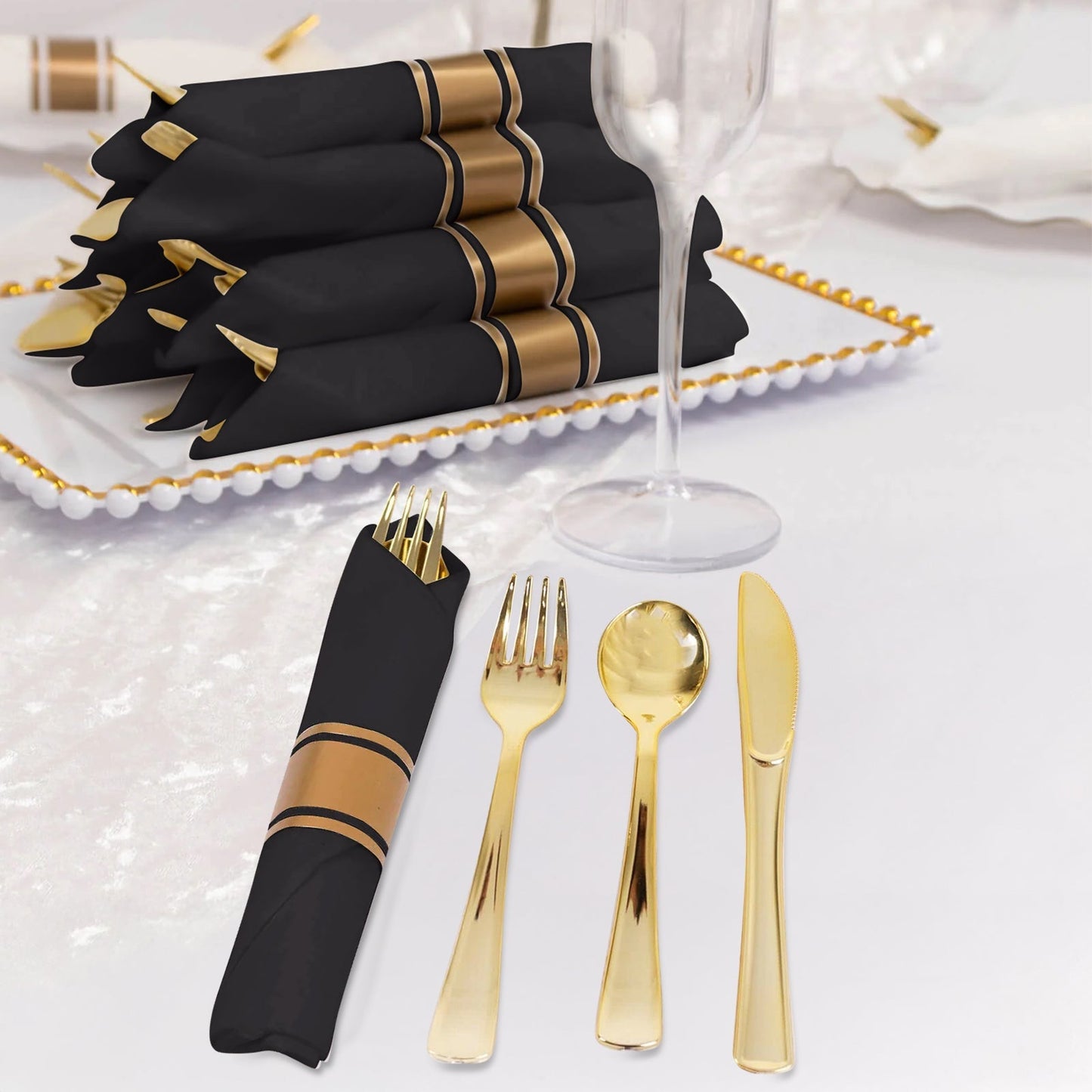 Set of 24 Gold Plastic Silverware with Pre-Rolled Black Paper Napkins - Disposable Wrapped Fork, Spoon, and Knife Set