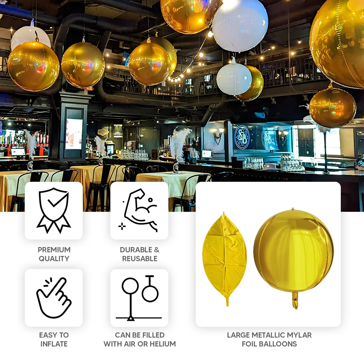 4-Pack 32" Metallic Gold Sphere Balloons, Orbz Mylar Balloons Helium or Air-Filled Party Supplies