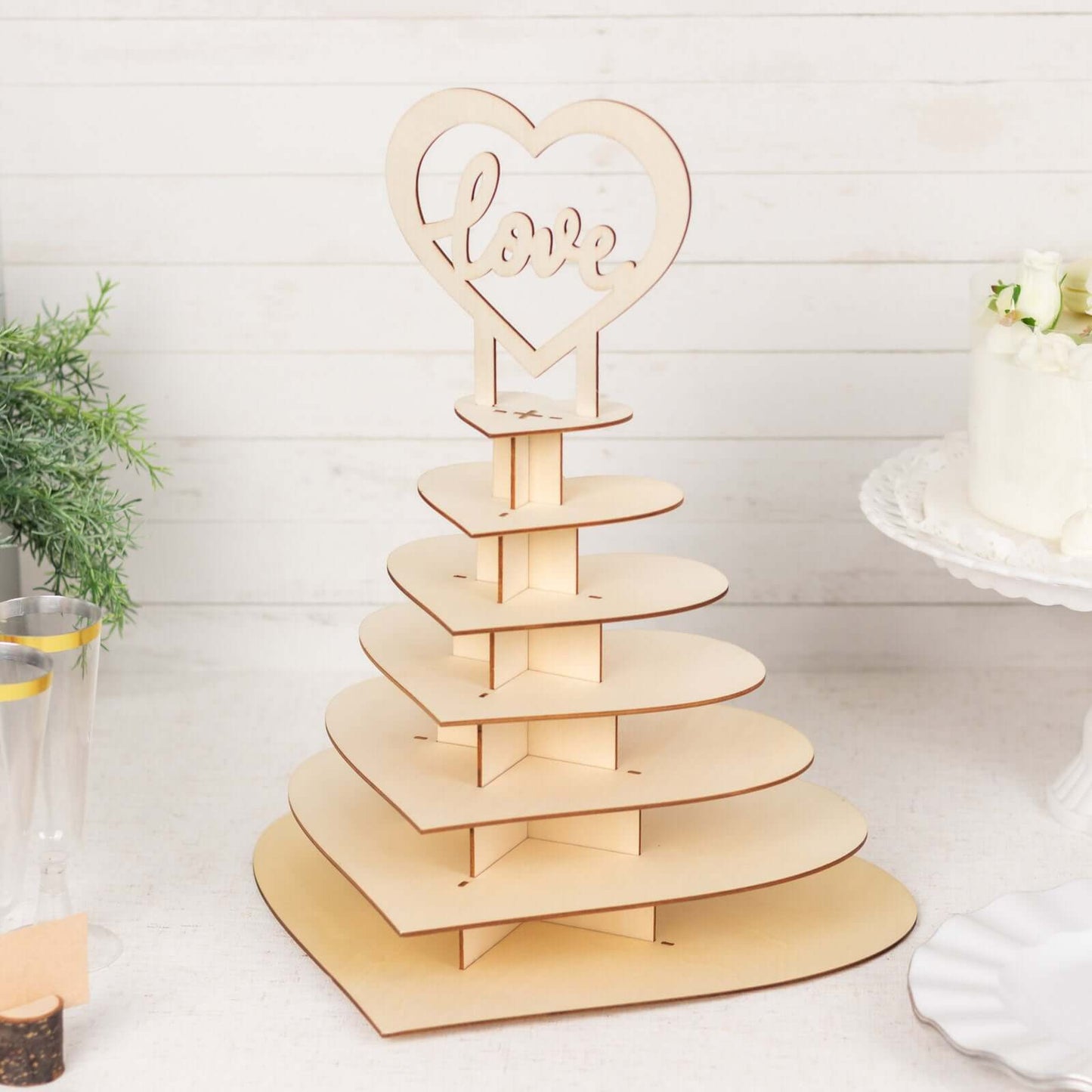 7-Tier Wooden Chocolate Display Stand Heart Shape Natural with "Love" Topper - DIY Dessert Table Tower Rack 16"