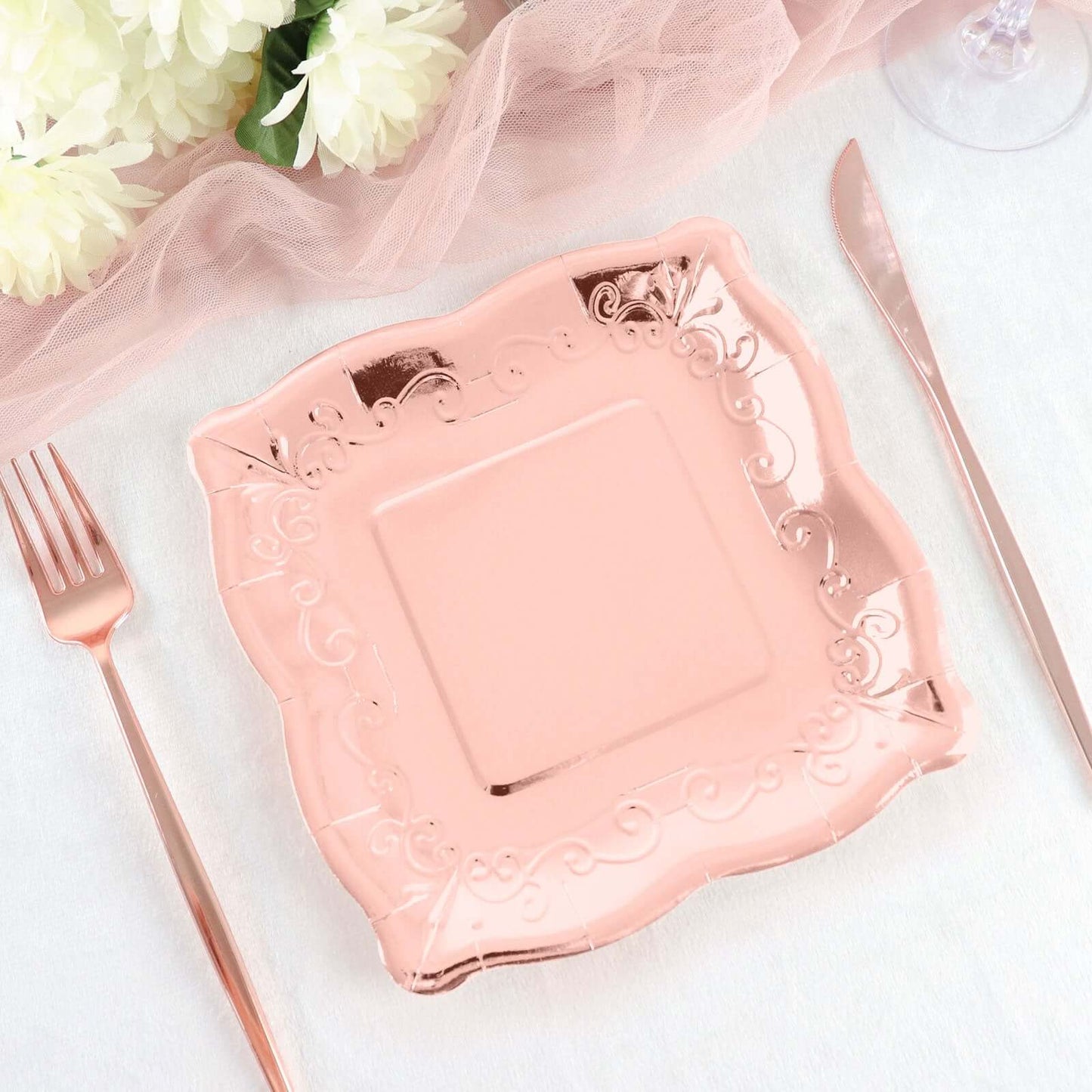 25-Pack Paper 7" Square Dessert Plates in Rose Gold with Vintage Pottery Embossed Design - Shiny Metallic Disposable Appetizer Plates