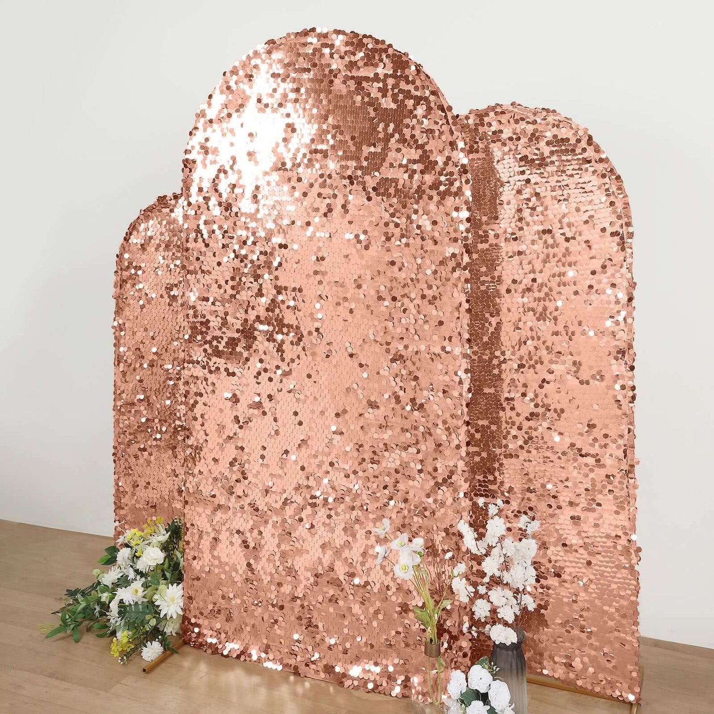 7ft Sparkly Rose Gold Double Sided Big Payette Sequin Chiara Backdrop Stand Cover For Fitted Round Top Wedding Arch