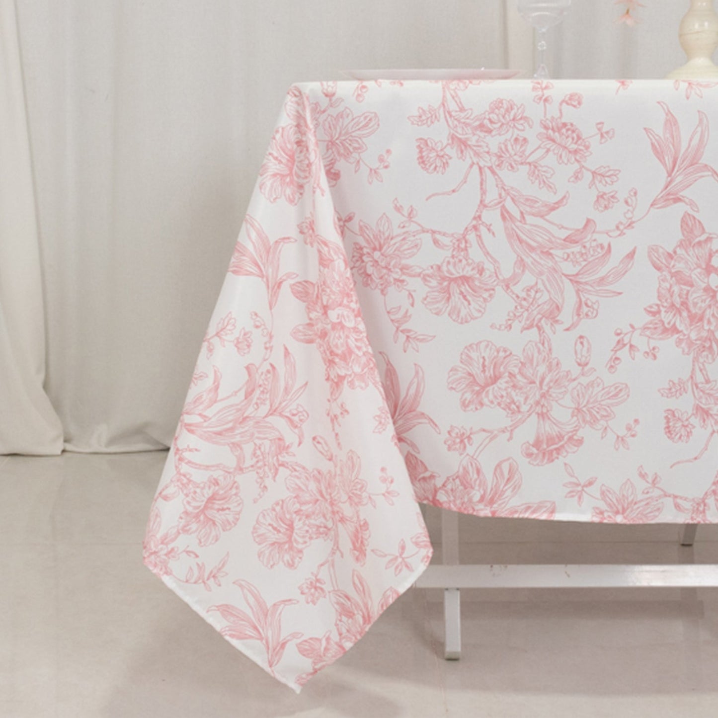 Polyester 70"x70" Table Overlay White - Pink French Toile Pattern for Refined Gatherings