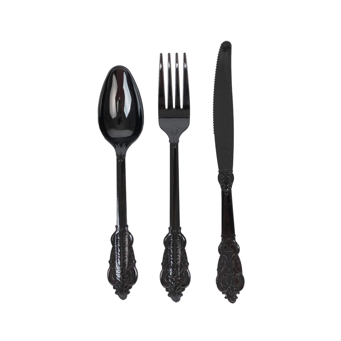 72 Pcs Plastic Silverware Set in Baroque Style Black - Heavy Duty Disposable Knife, Fork, and Spoon Set