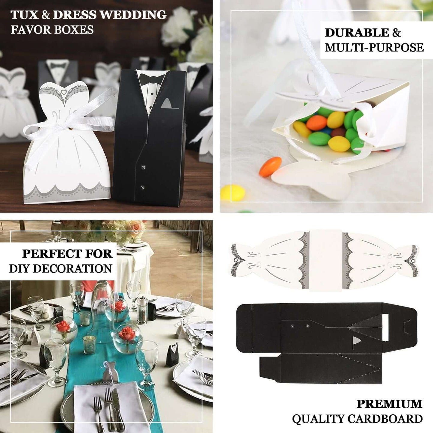 50 Pcs Set Wedding Dress and Tuxedo Shower Party Favor Candy Gift Boxes with Ribbon Ties