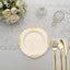 10-Pack Plastic 8" Round Dessert Plates in Ivory with Gold Leaf Embossed Rim - Disposable Vintage Baroque Style Salad Plates